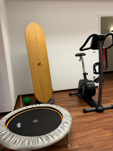 Fitnessraum mit Trampolin, Surfbrett, Ergometer und einer grünen Fitnessball.