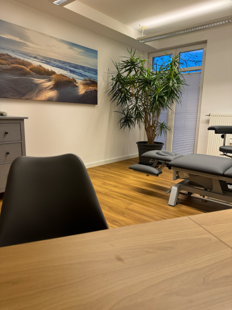 Ein heller Raum mit Holzfußboden, einer Pflanze und einem Behandlungstisch neben einem Fenster.